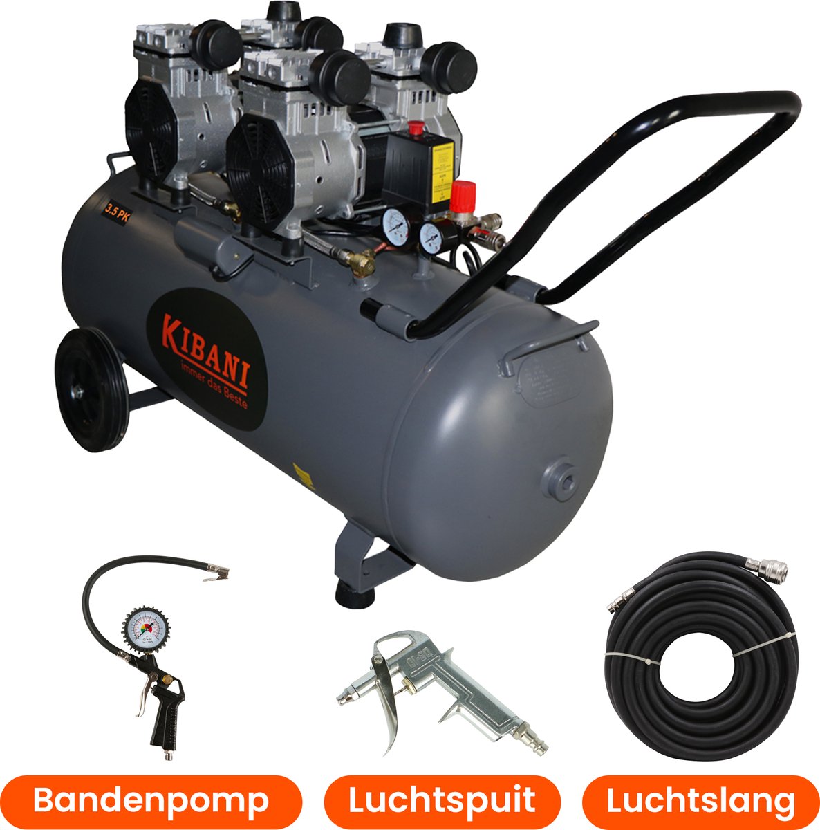 Kibani Super Stille Compressor 100 Liter - incl. Luchtslang, Luchtspuit & Bandenpomp - Olievrij - 8 BAR - 63 dB - Low Noise - Compressoren - 100L
