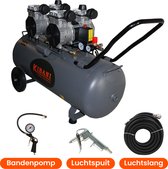 Kibani Super Stille Compressor 100 Liter - incl. Luchtslang, Luchtspuit & Bandenpomp - Olievrij - 8 BAR - 63 dB - Low Noise - Compressoren - 100L