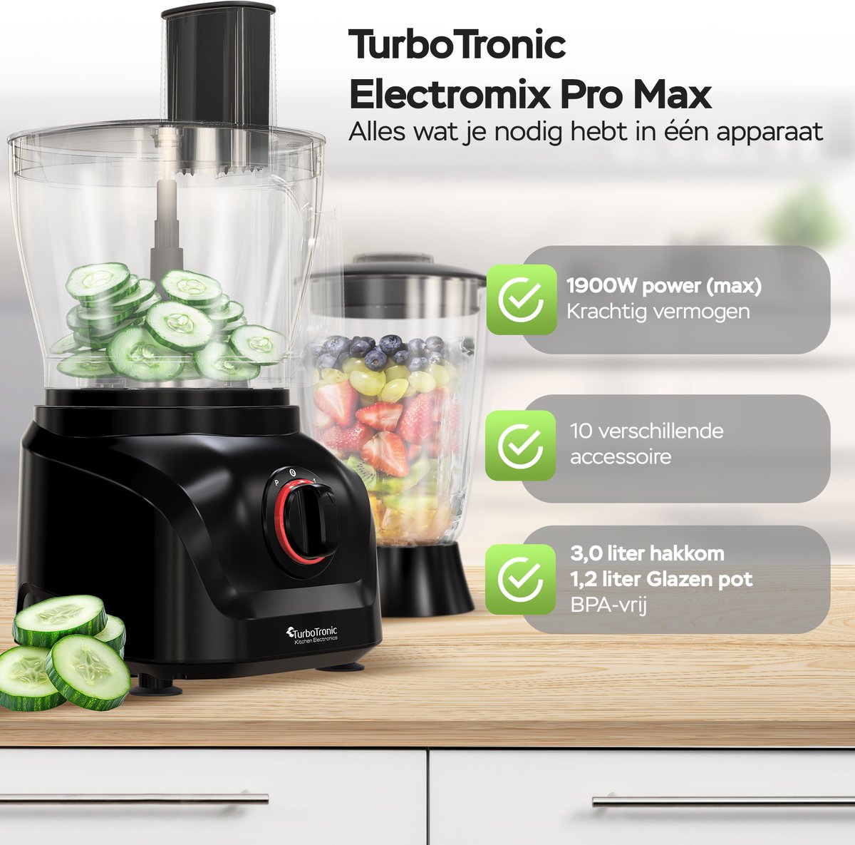 TurboTronic FP900 Foodprocessor - 8-in-1 Keukenmachine - 3 Liter - Zwart thumbnail 6