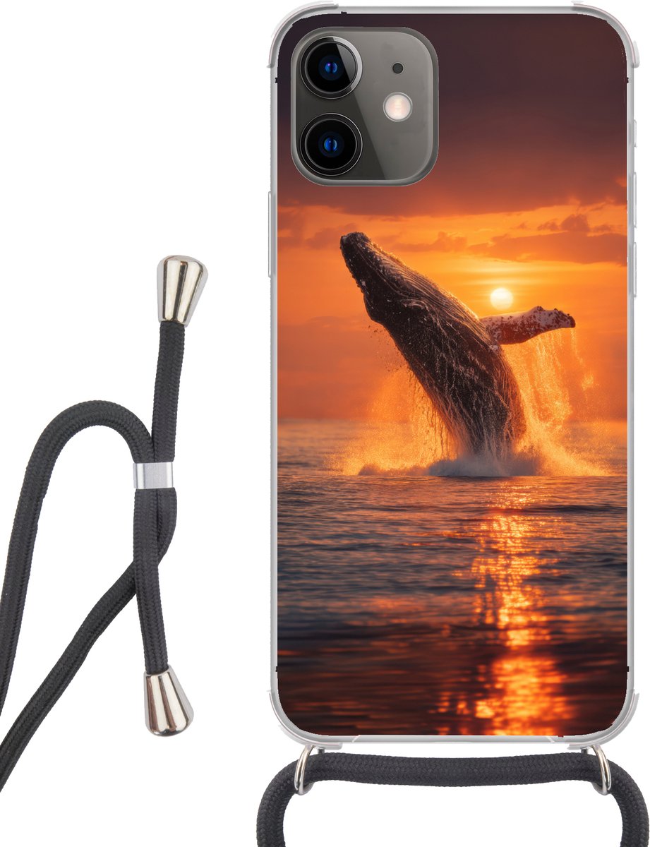 Telefoonhoesje Geschikt voor iPhone 11 - Walvis - Zon - Zee - Siliconen - Crossbody - Backcover met Koord - Telefoonhoesje met koord - Hoesje met touw Telefoonhoesje