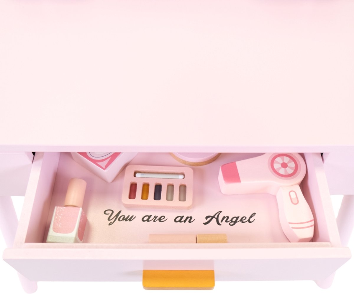 Bandits & Angels Kinder Kaptafel Sofia Roze Met Spiegel en Lampjes voor Meisjes vanaf 3 jaar - Houten Make-Up Tafel - Kaptafel Inclusief Krukje - Voor Kinderen — afbeelding 9