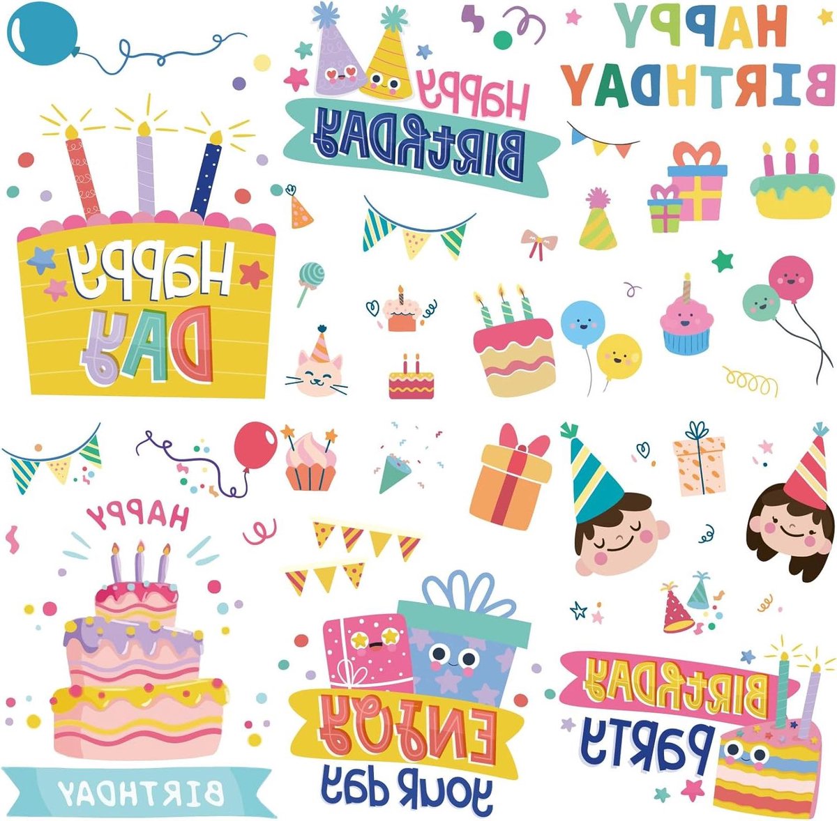 CSGoods - Verjaardagsthema muurstickers met 16 vellen | Gelukkige verjaardag stickers | Taart raamstickers | PVC waterdicht en verwijderbaar | Voor raamdecoratie, trap en housewarming