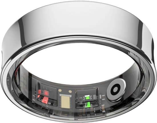 Zilveren NOLATR ring met zichtbare technologie, waaronder rode en groene LED's.