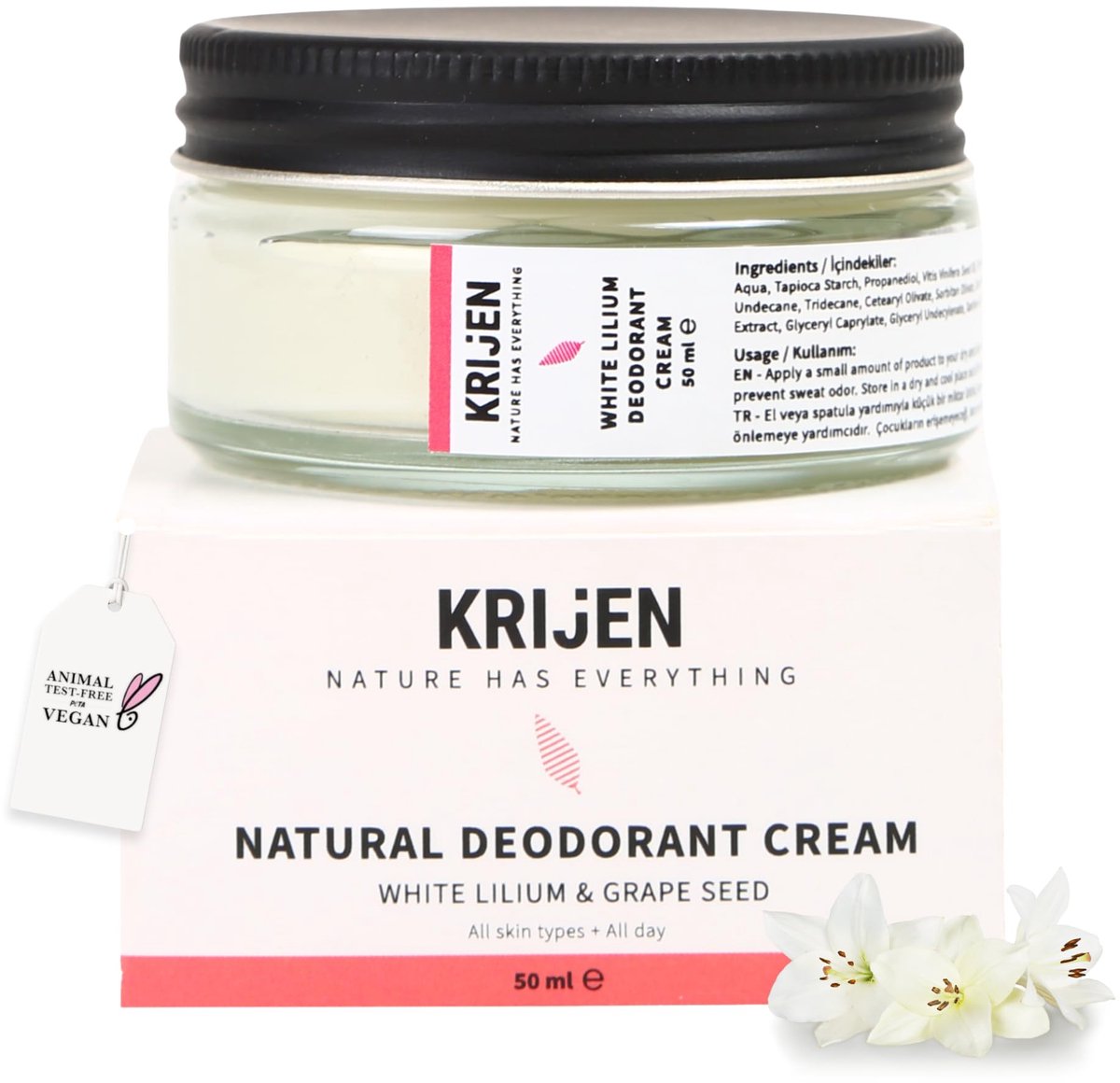 Krijen White Lily & Grape Seed Oil Cream Deodorant – Aluminiumvrij & Vegan – Tegen lichaamsgeur & verkleuring – Zacht voor de huid & laat geen residu achter – Voor vrouwen & mannen – 50 ml