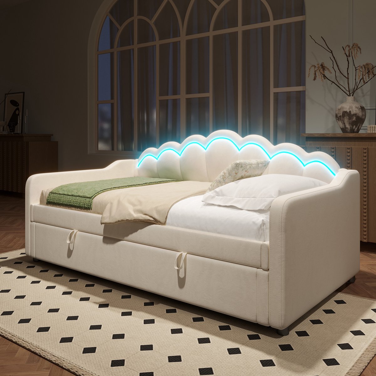 SONNENH Slaapbank 90x200 cm - Beige fluweel - Zonder matras - Hydraulische opbergruimte - Golvend hoofdeinde - Kleurveranderende LED - MDF frame