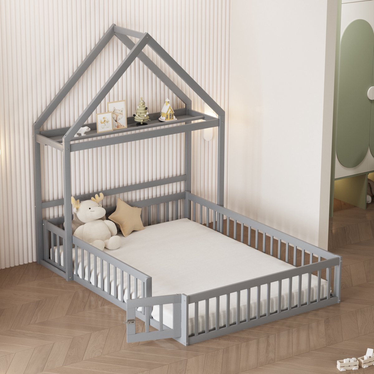 Kinderbed 140x200 - Massief grenenhout - Lattenbodem 15 latten - Opbergruimte - Multifunctioneel - Veilig stevig - Onafhankelijke hemel kledingkast