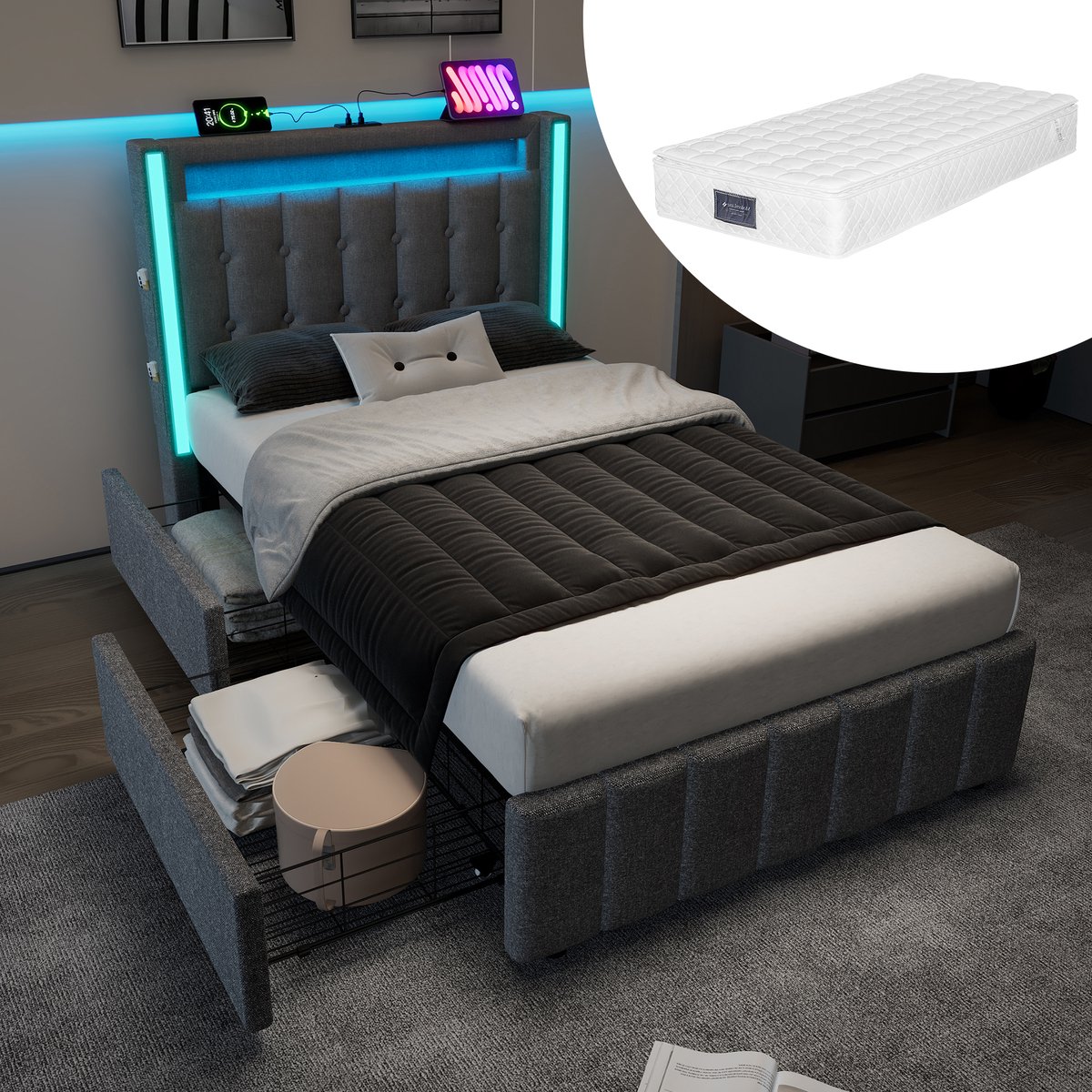 Bed 90x200 cm - Matras 25cm 7-zone pocketveren - 2 opberglades - LED-verlichting met afstandsbediening - 3 USB + 1 Type-C-poort - Houten bodem antislip - Geschikt voor stofallergieën