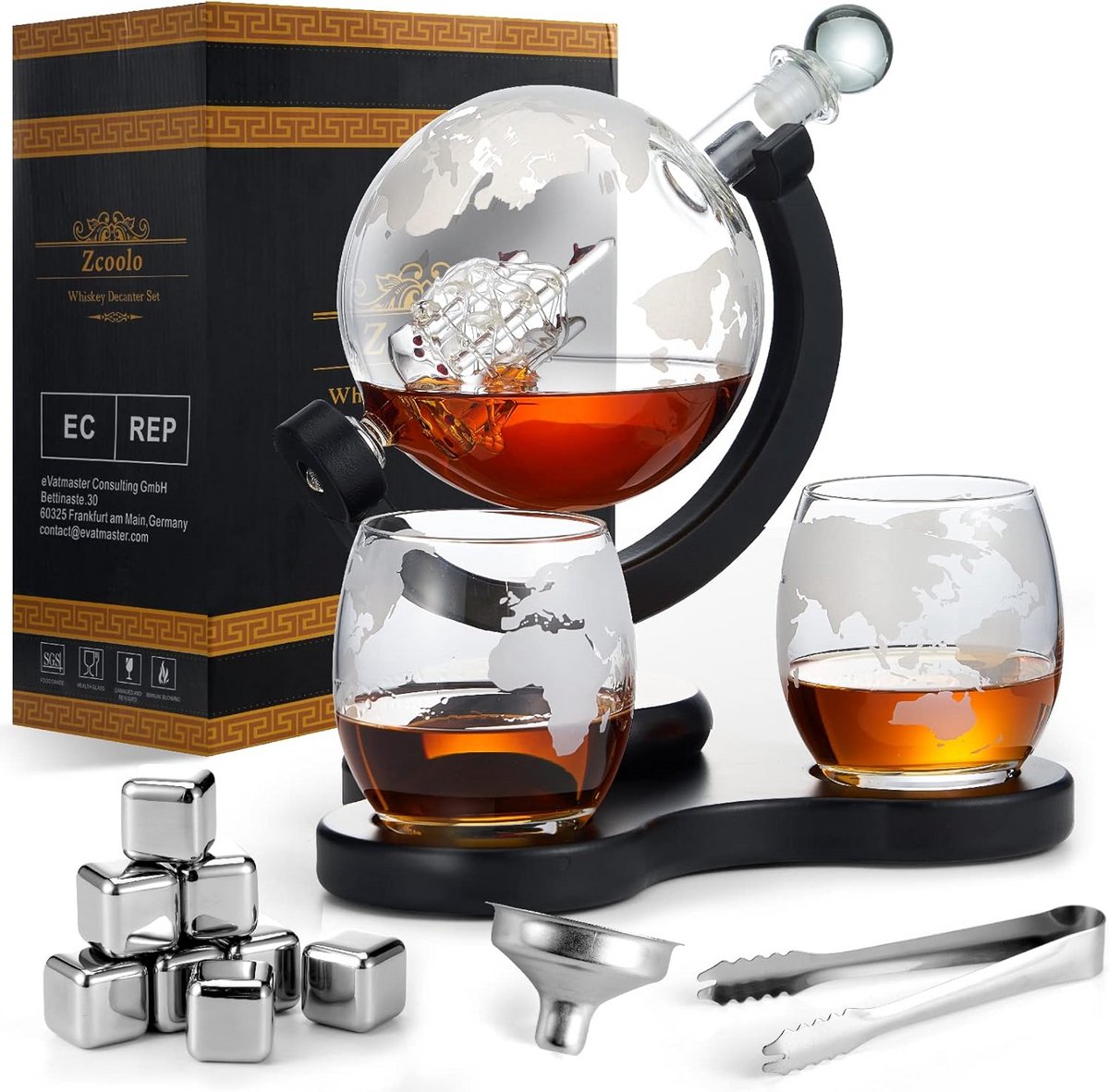 Luxe Whisky Karaf Set met 2 Wereldbol Glazen en 8 Whisky Stenen