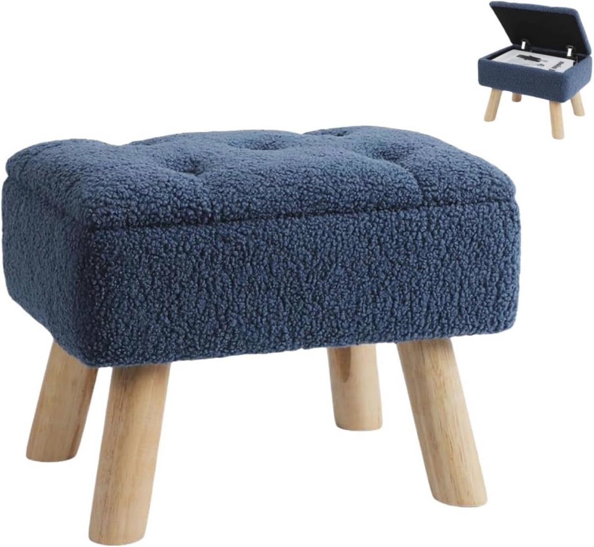 Kleine Opbergpoef met Gevoerde Zitting en Houten Pootjes - Donkerblauw