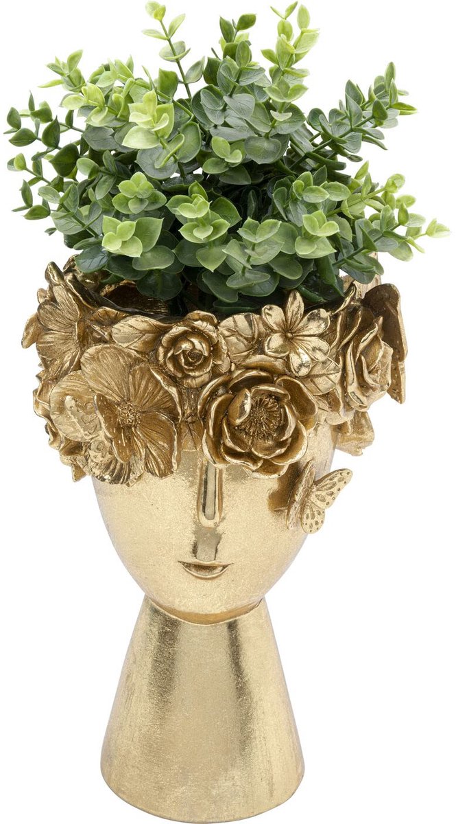 Unyqoos Gouden decoratieve vaas met gezichtsmotief voor moderne interieurs, Vaas, Goud, Kunststof, 31cm