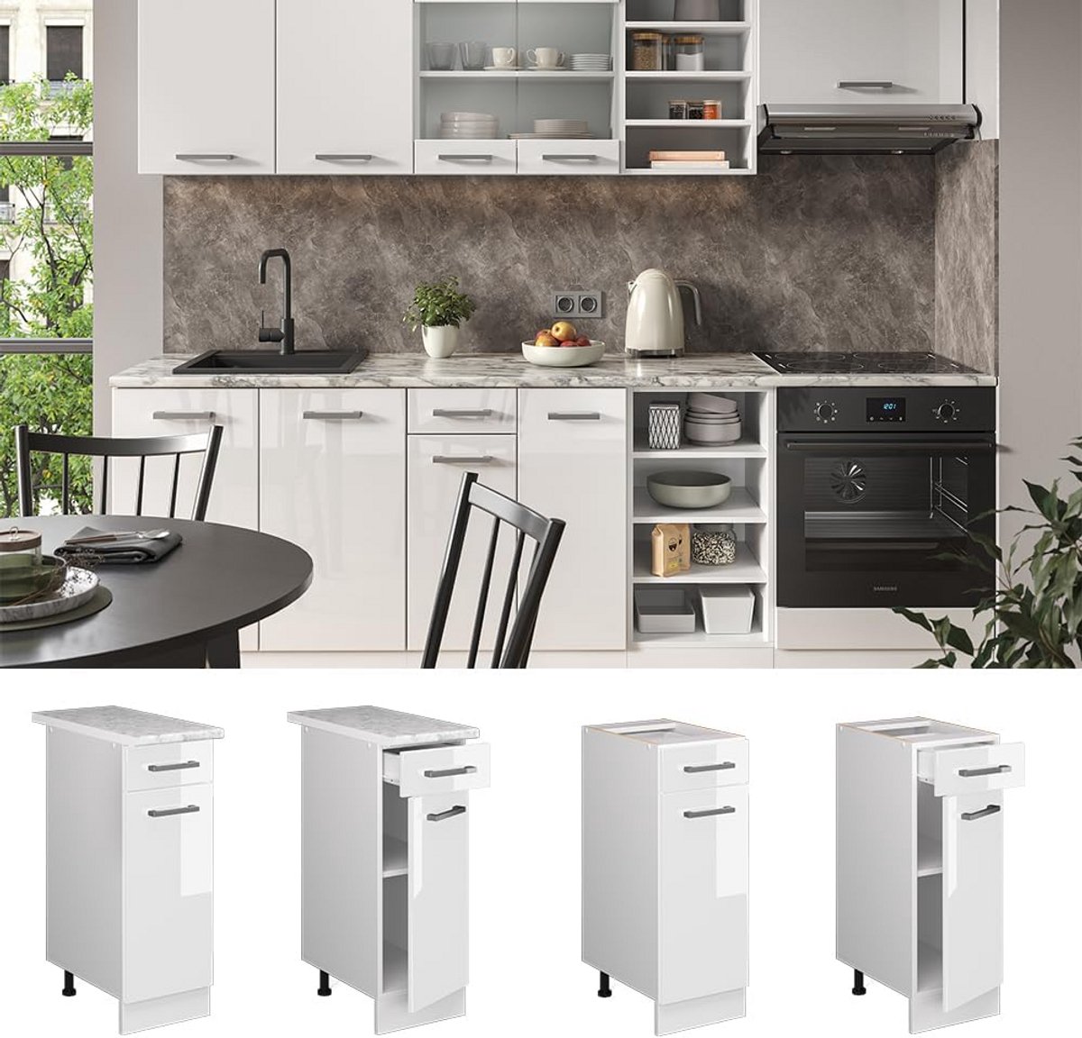 Modulaire Onderkast Keuken 30 cm Wit Hoogglans Lade Deur Kast voor Keukenopstelling