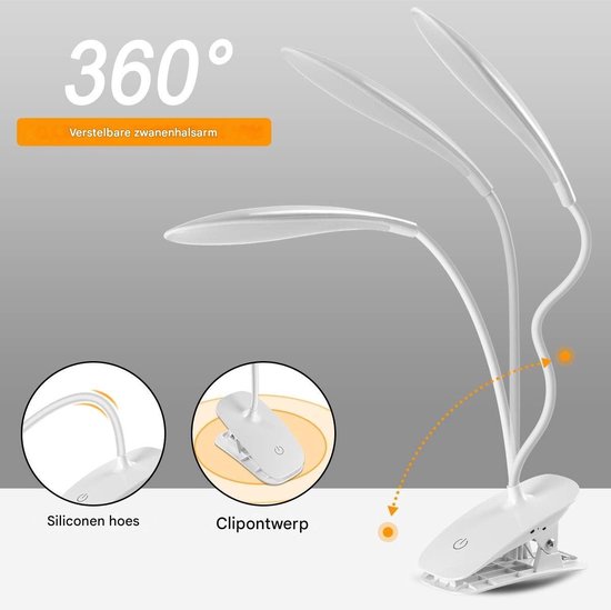 GELLDG LED-bureaulamp - Draadloze bureaulamp - Tafellamp met klembevestiging - 360° draaibaar - 3 helderheidsniveaus - 1200 mAh oplaadbare batterij - Clip-on ontwerp - USB-aansluiting — afbeelding 3