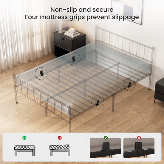 Illustration d'un cadre de lit avec des poignées anti-dérapantes pour matelas, conçues pour empêcher le matelas de glisser.