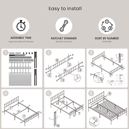 Instructions d'installation pour un lit métallique de 160x200 cm, incluant le temps de montage, les outils, le tri et des illustrations d'assemblage étape par étape.
