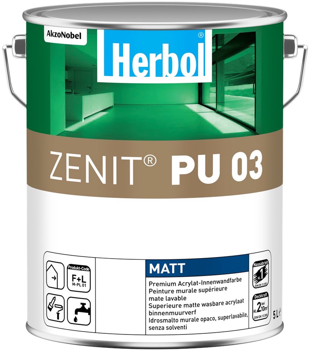 Herbol Zenit PU 03 - Hoogwaardige matte isolerende binnenmuur verf - Waterbasis - 5 L - RAL 9016 Verkeerswit