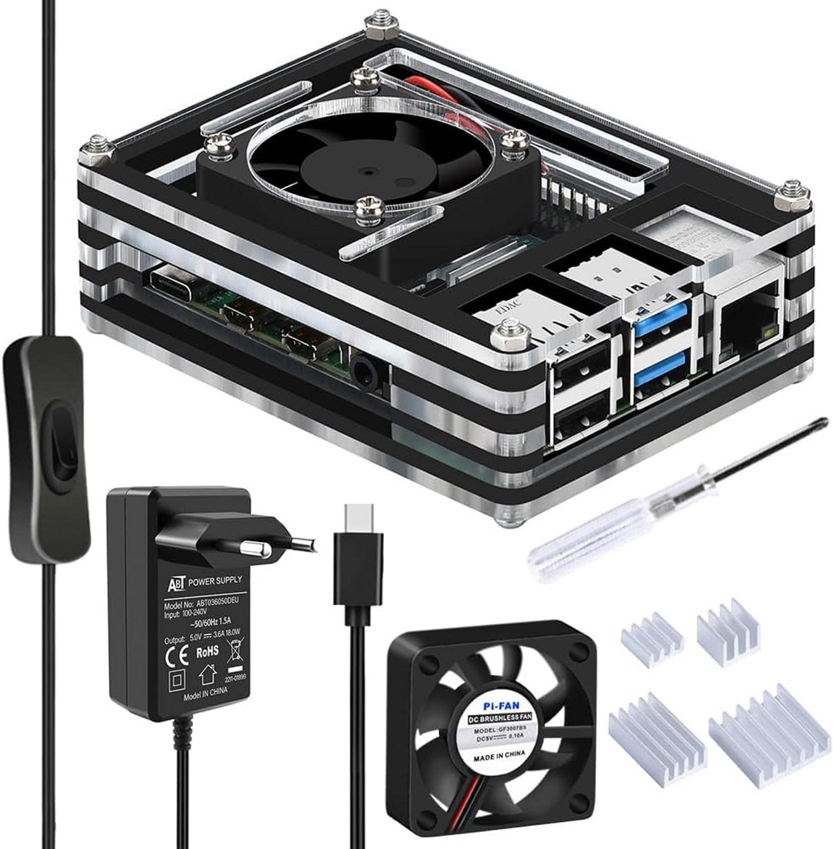 Raspberry Pi 4 Behuizing Set met Ventilator, USB-C Voeding (AAN/UIT) en Koellichamen