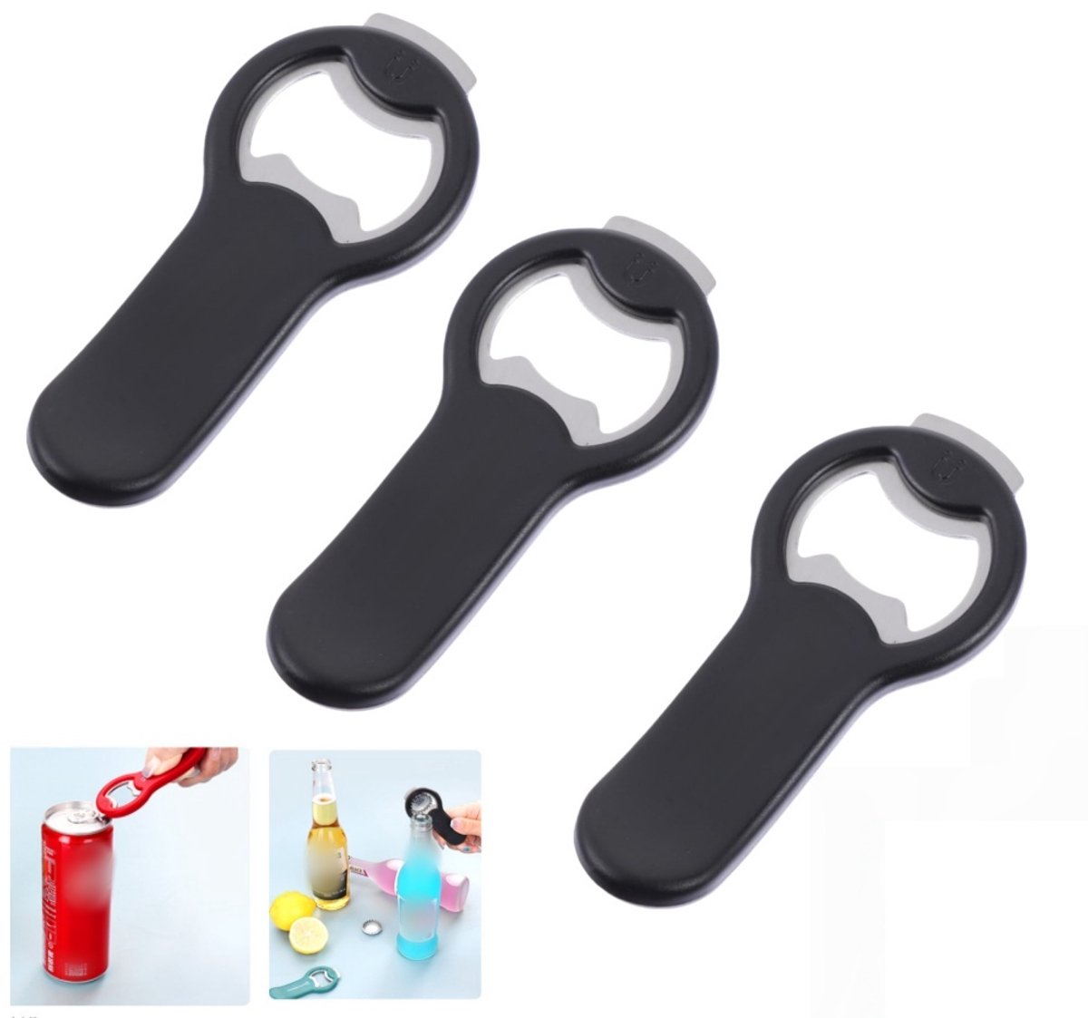 2 in 1 bierflesopener - Flesopener -voor koelkast en camper met dopvanger - blikopener voor frisdrankblikjes, plakt met magneet aan de koelkast voor eenvoudige opberging, cadeau voor mannen, echtgenoten, vaders - 3-pack
