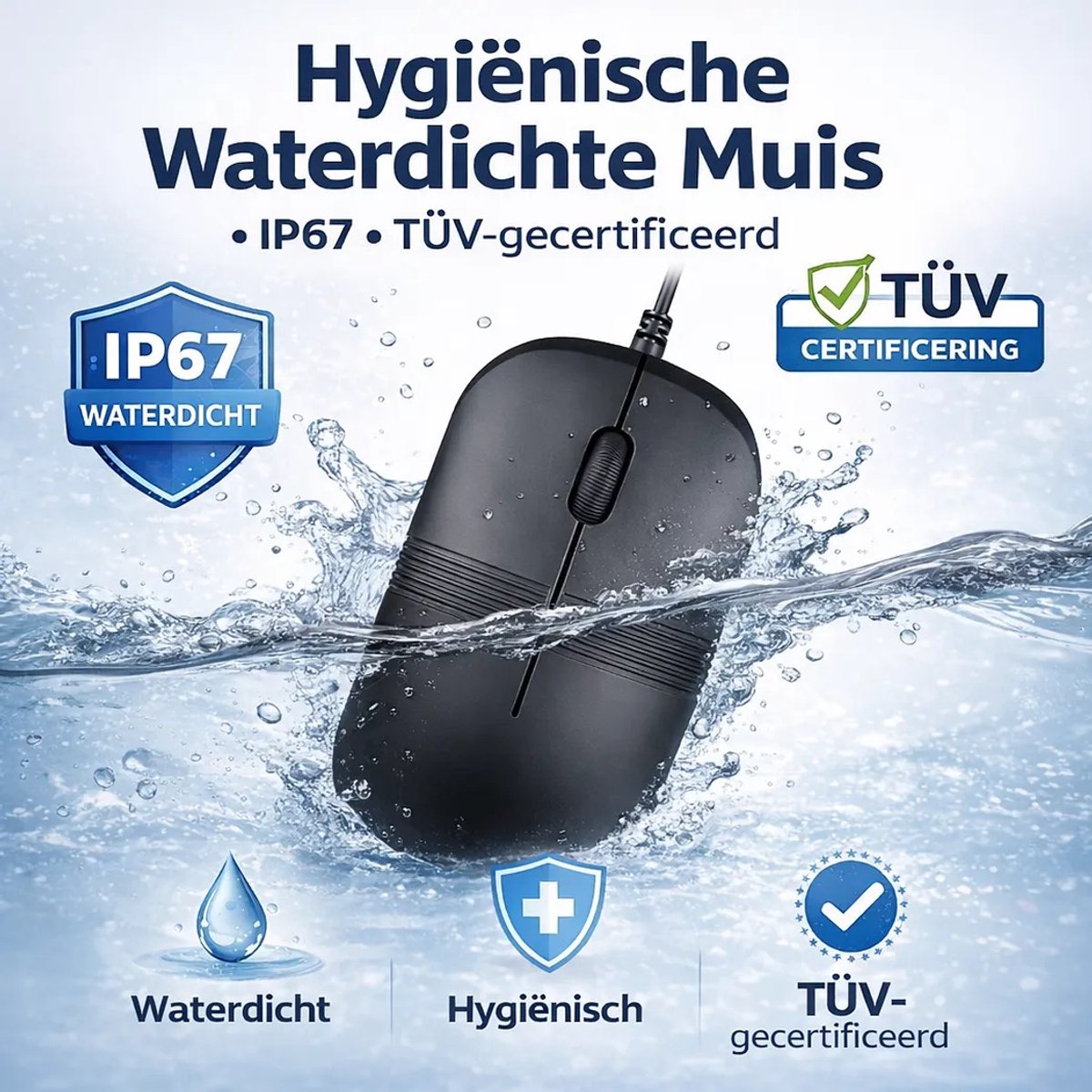 Hygiënische Medische Muis – Waterdicht IP67 – TÜV Gecertificeerd – Bedraad – 1600 DPI