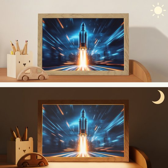 Nachtlampje 30x20 cm - Kinder lamp - Raket - Ruimte - Blauw - Licht - Tafellamp kinderkamer - Slaapkamer lamp - Bedlamp kinderen - Kinderlampje stopcontact - Wandlamp babykamer - Nachtlampjes van Merkloos — afbeelding 4