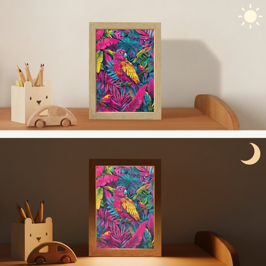 Nachtlampje 15x20 cm - Kinder lampje - Papegaai - Tropisch - Jungle - Kleurrijk - Tafellamp kinderkamer - Slaapkamer lamp - Bedlamp kinderen - Kinderlampje stopcontact - Wandlamp babykamer - Nachtlampjes van Merkloos — afbeelding 4