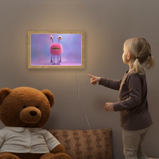 Nachtlampje 30x20 cm - Kinder lampje - Monster - Roze - Paars - Tafellamp kinderkamer - Slaapkamer lamp - Bedlamp kinderen - Kinderlampje stopcontact - Wandlamp babykamer - Nachtlampjes van Merkloos — afbeelding 5