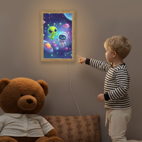 Nachtlampje 20x30 cm - Kinder lampje - Alien - Astronaut - Ruimte - Planeten - Tafellamp kinderkamer - Slaapkamer lamp - Bedlamp kinderen - Kinderlampje stopcontact - Wandlamp babykamer - Nachtlampjes van Merkloos — afbeelding 5