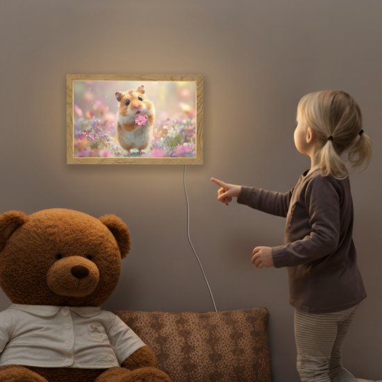 Nachtlampje 30x20 cm - Kinder lampje - Hamster - Bloemen - Roze - Oranje - Tafellamp kinderkamer - Slaapkamer lamp - Bedlamp kinderen - Kinderlampje stopcontact - Wandlamp babykamer - Nachtlampjes van OnlyWow — afbeelding 5