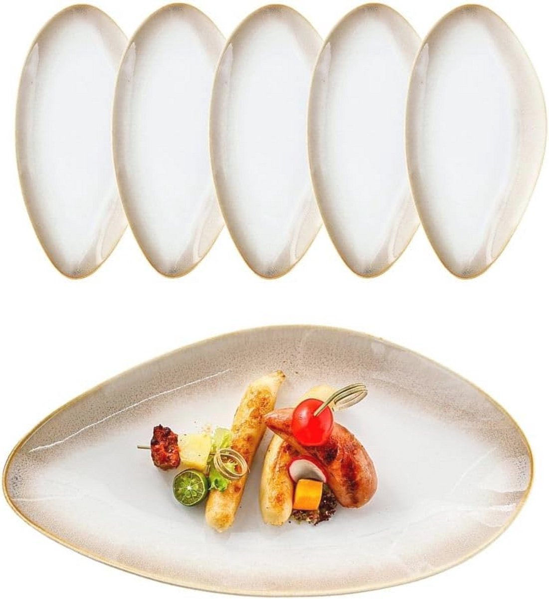 Ovale Keramische Dinerborden Set van 6 - Mediterran Vintage, 32.5 x 17 cm, Grijs-Beige
