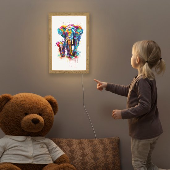 Nachtlampje 20x30 cm - Kinder lampje - Olifanten - Dieren - Verf - Kleurrijk - Tafellamp kinderkamer - Slaapkamer lamp - Bedlamp kinderen - Kinderlampje stopcontact - Wandlamp babykamer - Nachtlampjes van Merkloos — afbeelding 5