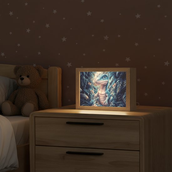 Nachtlampje 20x15 cm - Kinder lamp - Dino - Jungle - Blauw - Tafellamp kinderkamer - Slaapkamer lamp - Bedlamp kinderen - Kinderlampje stopcontact - Wandlamp babykamer - Nachtlampjes van Merkloos — afbeelding 2