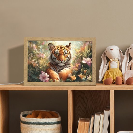 Nachtlampje 30x20 cm - Kinder lampje - Tijger - Bloemen - Jungle - Dieren - Tafellamp kinderkamer - Slaapkamer lamp - Bedlamp kinderen - Kinderlampje stopcontact - Wandlamp babykamer - Nachtlampjes van Merkloos — afbeelding 3
