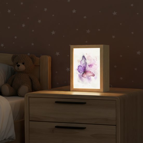 Nachtlampje 15x20 cm - Kinder lampje - Vlinder - Paars - Pastel kleuren - Tafellamp kinderkamer - Slaapkamer lamp - Bedlamp kinderen - Kinderlampje stopcontact - Wandlamp babykamer - Nachtlampjes van Merkloos — afbeelding 2