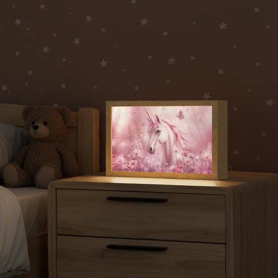 Nachtlampje 30x20 cm - Kinder lamp - Eenhoorn - Roze - Vlinders - Bloemen - Tafellamp kinderkamer - Slaapkamer lamp - Bedlamp kinderen - Kinderlampje stopcontact - Wandlamp babykamer - Nachtlampjes van DecoAction — afbeelding 2