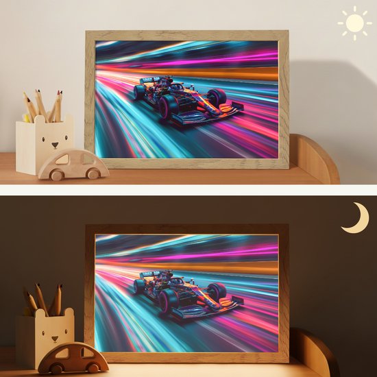 Nachtlampje 30x20 cm - Kinder lampje - Racen - Auto - Race - Jongens - Kleurrijk - Tafellamp kinderkamer - Slaapkamer lamp - Bedlamp kinderen - Kinderlampje stopcontact - Wandlamp babykamer - Nachtlampjes van Merkloos — afbeelding 4