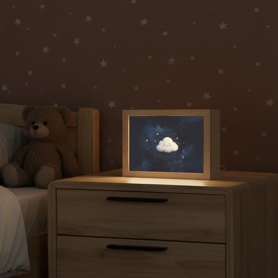 Nachtlampje 20x15 cm - Kinder lampje - Wolkje - Gezichtje - Sterren - Donkerblauw - Tafellamp kinderkamer - Slaapkamer lamp - Bedlamp kinderen - Kinderlampje stopcontact - Wandlamp babykamer - Nachtlampjes van Merkloos — afbeelding 2