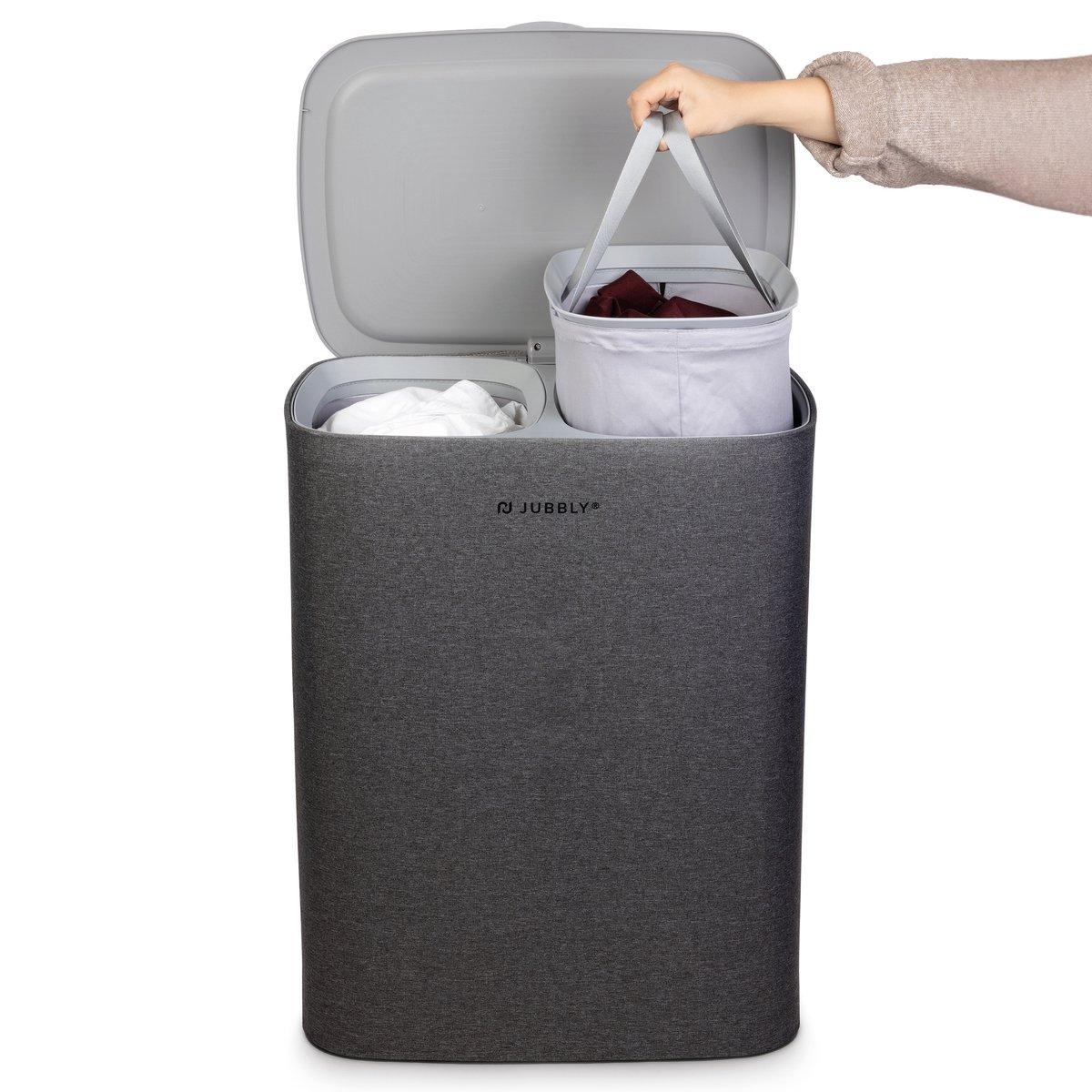 Jubbly® - Wasmand - Wassorteerder - Wasmand met Deksel - Wasmand 2 vakken - Wasmand opvouwbaar - Wasbox - 90 Liter - Grijs - The Splitsmart