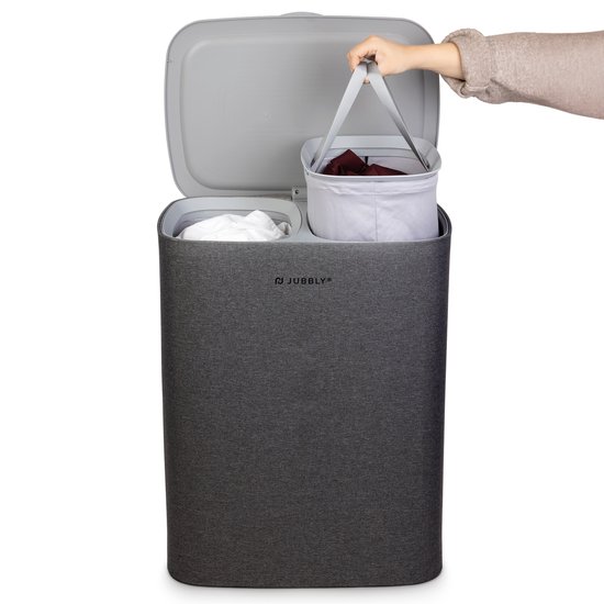 Jubbly - Panier à linge - Trieur de linge - Panier à linge avec couvercle - Panier à linge 2 compartiments - Panier à linge pliable - Boîte à linge - 90 litres - Grijs - Le Splitsmart