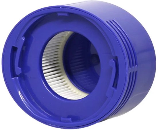 Een blauw stofzuigerfilter met witte plooien aan de binnenkant.