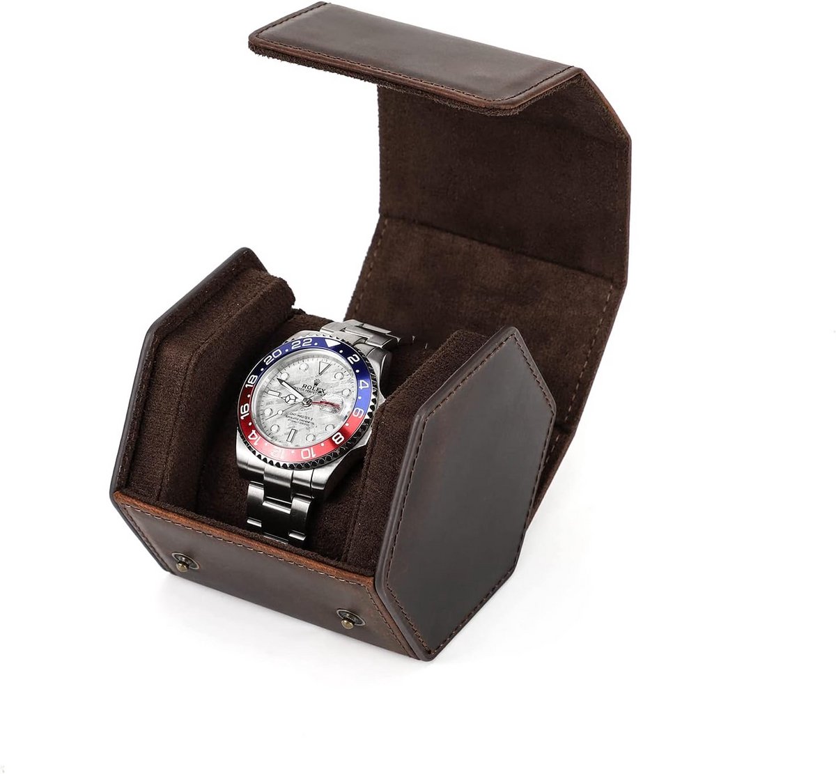 Leren Reis Horloge Box - Zeshoek Design - 1 Horloge - Microfiber Binnenbekleding - Echt Leer