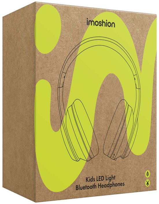 Bruine kartonnen verpakking met een groene illustratie van een koptelefoon. Tekst: 'Kids LED Light Bluetooth Headphones'.