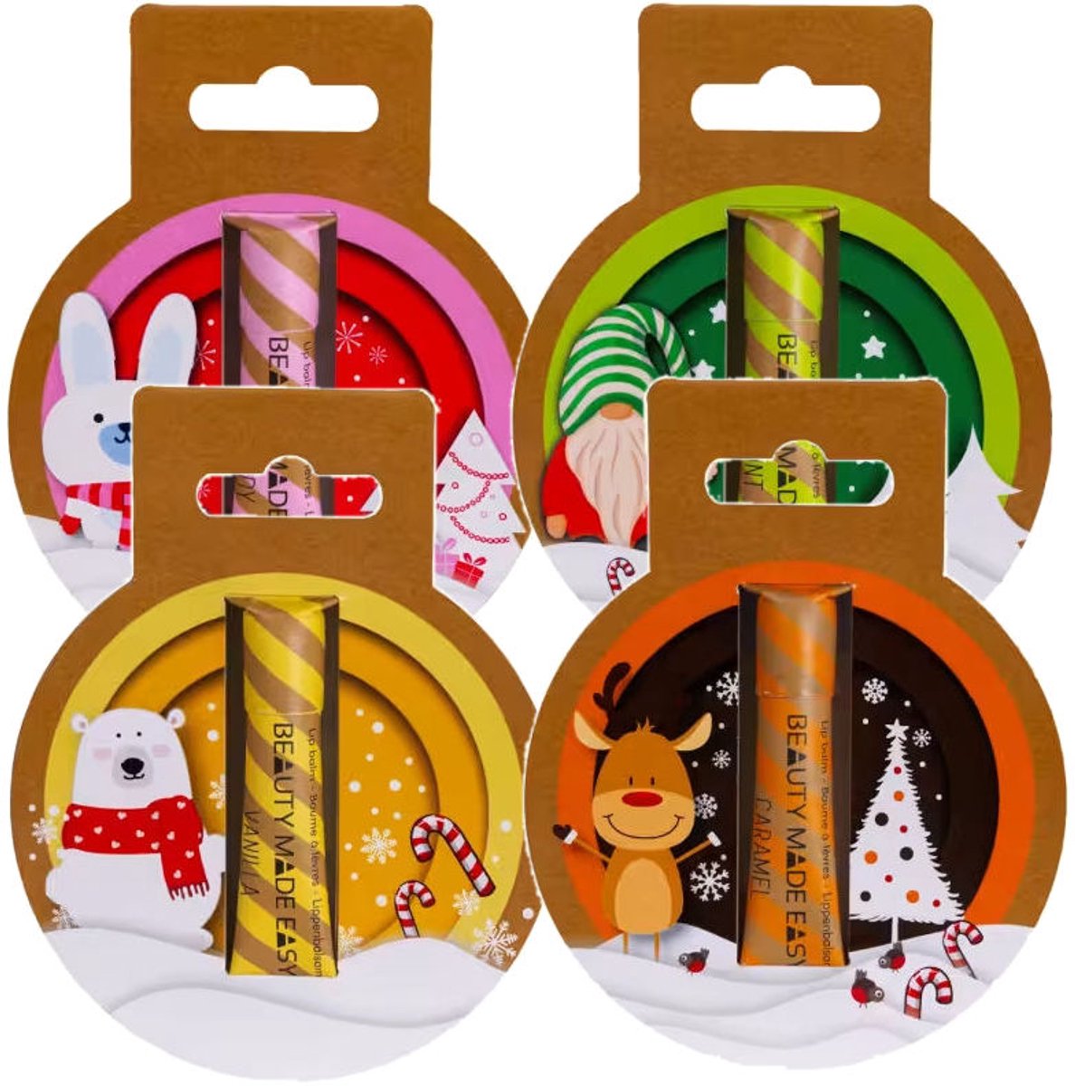 Beauty Made Easy - Plasticvrije Lip Balm - Christmas Edition - 4 Pak - Candy + Vanille + Mint + Caramel - Voordeelverpakking