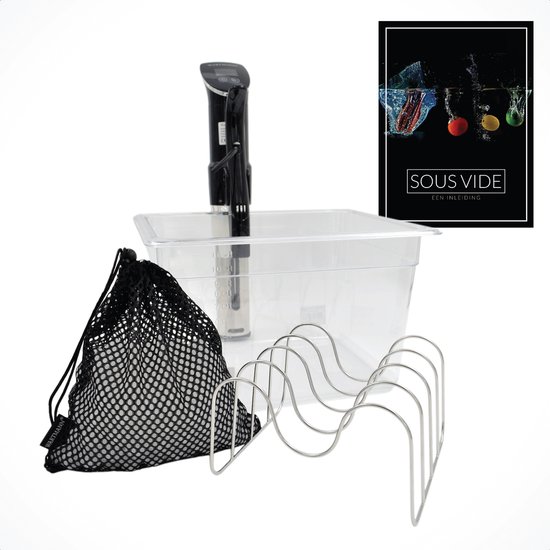 Set voor sous-vide koken met stick, waterbak, rekje, zakje en een receptenboekje.