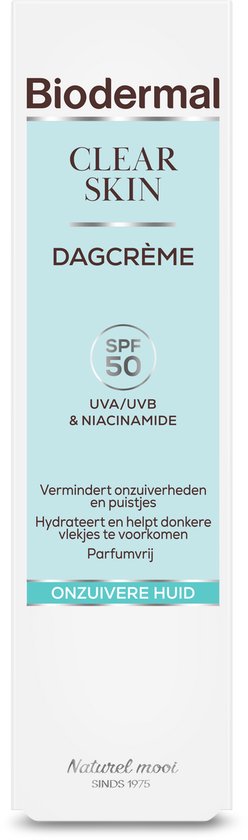 Doos Biodermal Clear Skin Dagcrème SPF 50, voor de onzuivere huid.