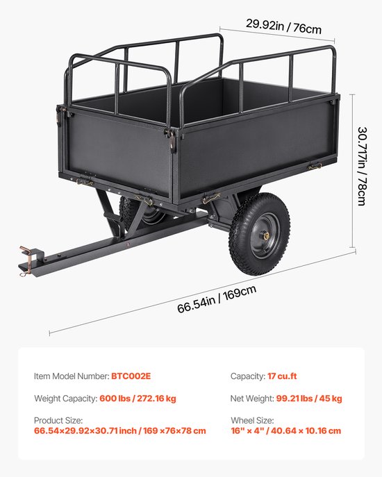 Tuinaanhanger, 480L & 272kg Laadvermogen, Te Trekken Stalen Kipper met 40 cm Banden, Handmatig Of met Voetpedaal Te Bedienen, Duurzame Tuinaanhanger voor Grasmaaiers en Tractoren van Merkloos — afbeelding 5