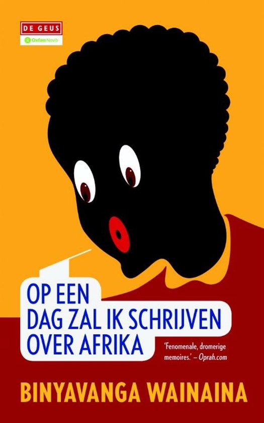 Boekomslag met zwarte, gestileerde kop met open mond, witte ogen en rode mond. Tekst: 'Op een dag zal ik schrijven over Afrika'.