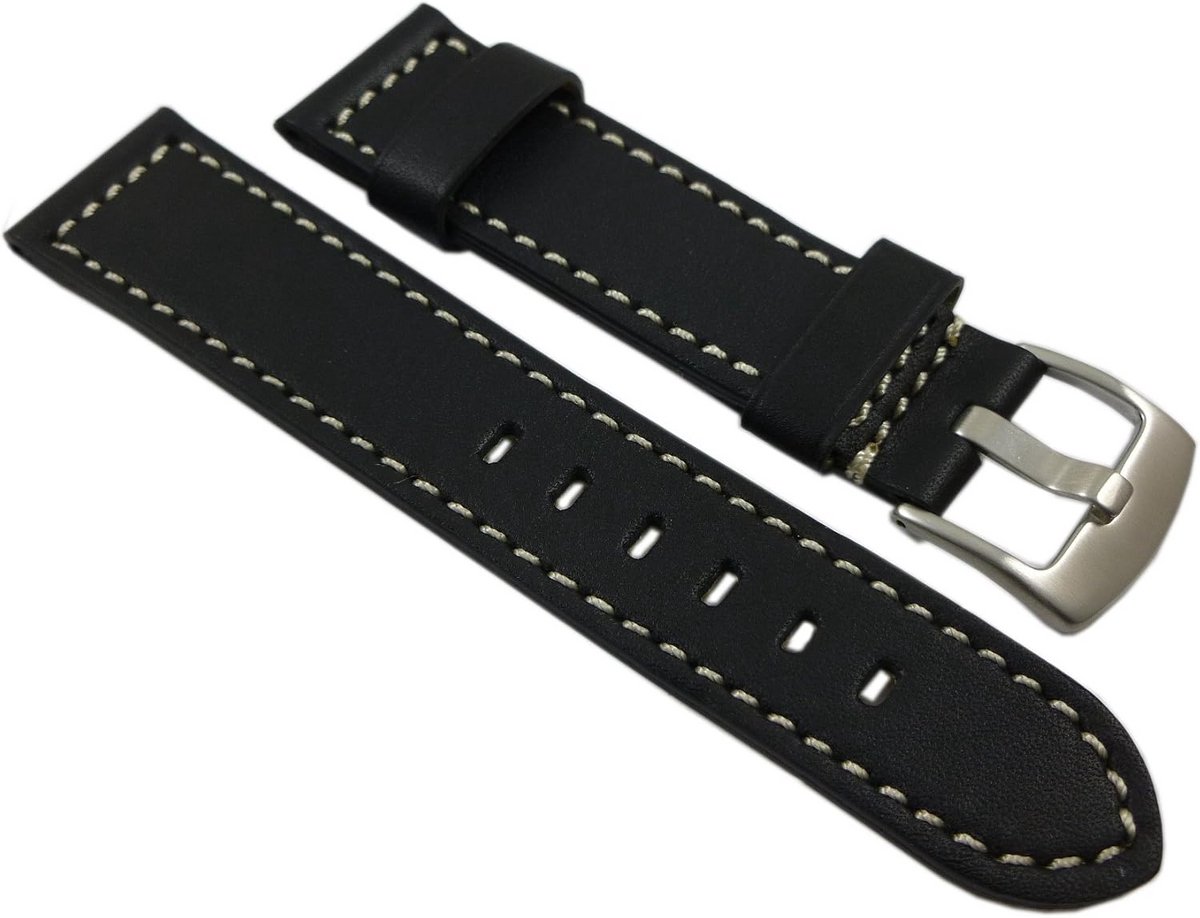 Zwart Kalfsleren Horlogeband 22mm met Zilverkleurige Gesp - Zachte Kwaliteit