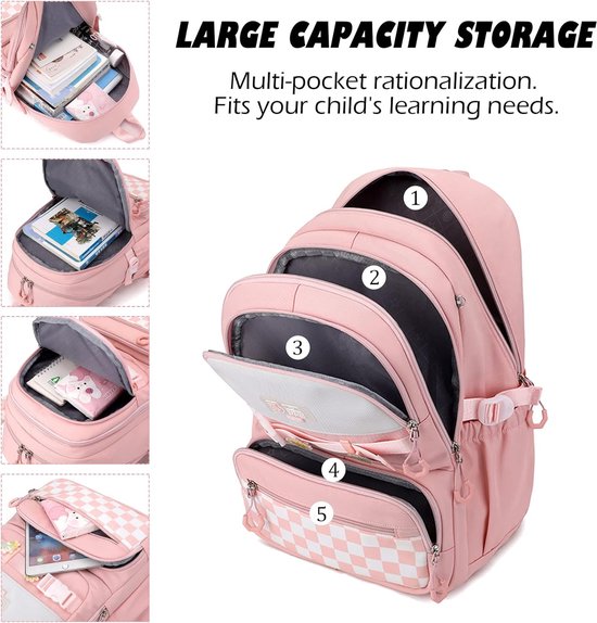 Roze rugzak met 'LARGE CAPACITY STORAGE', meerdere vakken en een voorvak met schaakbordpatroon.