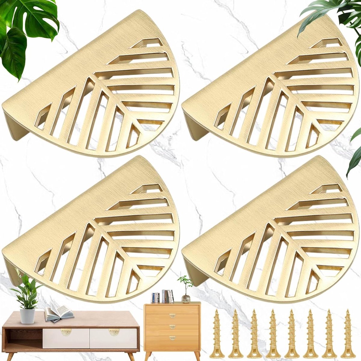 Allecta - Meubelgrepen Set van 4 - Messing Goud - Blad Vorm - Kast Trekt - Verguld Messing - Keuken Deur - Koperen Lade Pull - Knoppen - Schroeven