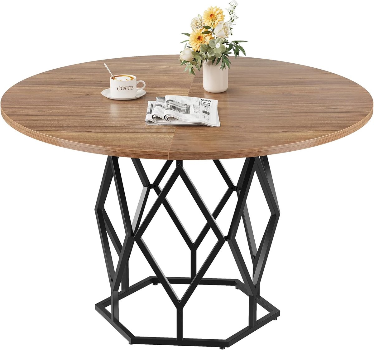 Ronde eettafel 120 cm voor 4–6 personen - Houten blad (4 panelen) met metalen onderstel - Voor keuken, eetkamer & woonkamer - Bruin