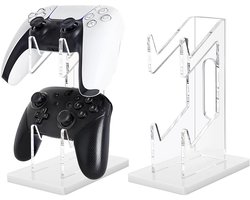 Gamecontrollerstandaard, 2 niveaus - Universele standaard voor twee controllers - Hoofdtelefoonstandaard - Witte acryl displaystandaard - Bureaustandaard - Transparant